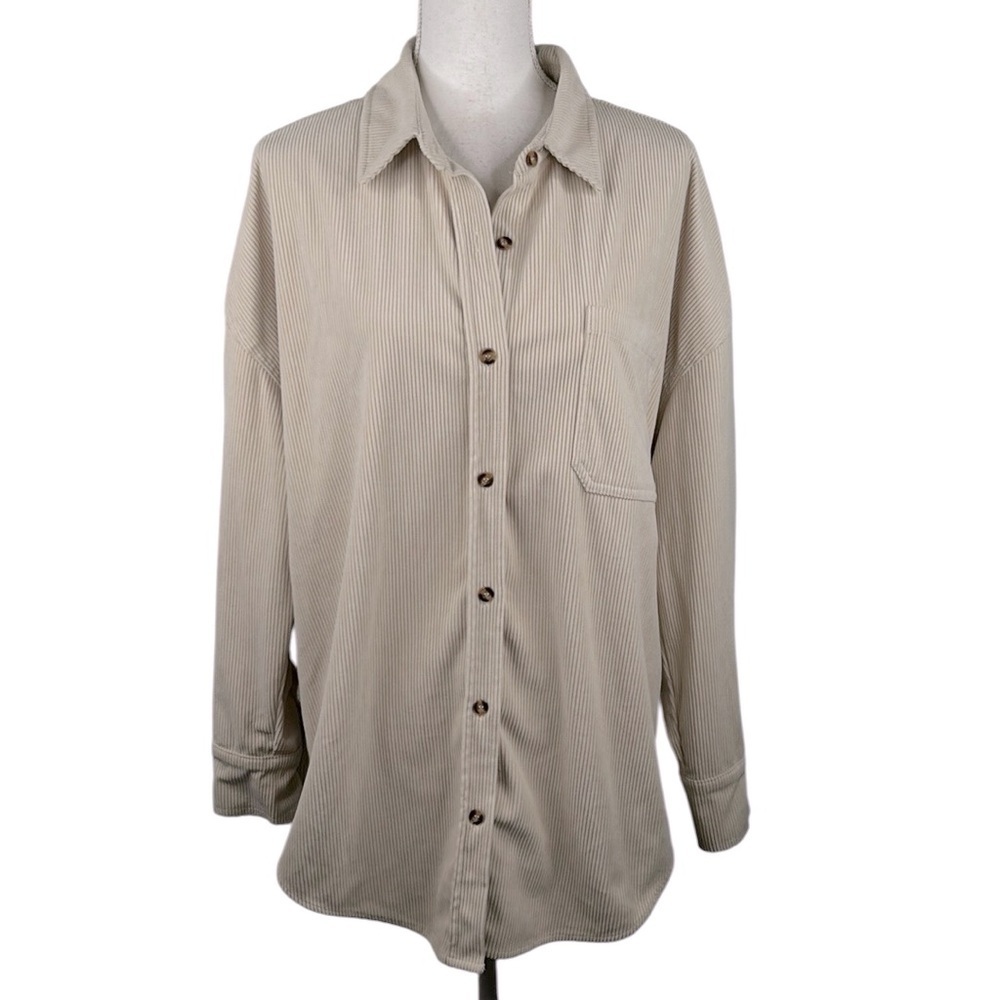 Tan Ribbed Corduroy Classic Coastal‎ Fall Button Down Long Sleeve Top Size Large
